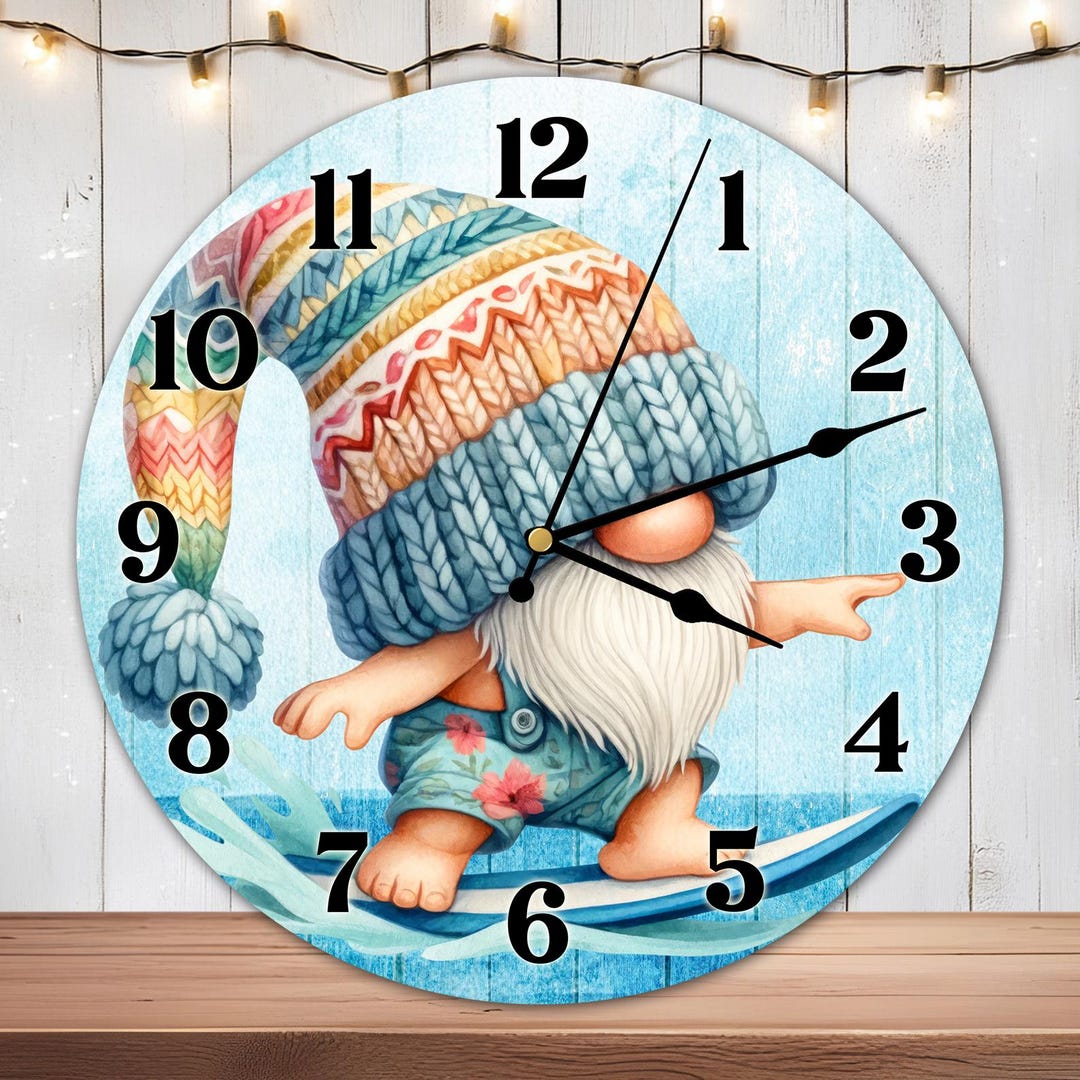 Surfing Gnome Clock Sublimation Design, Sea Lover Clock Face PNG, Funny ...