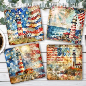 May include: Set of four square coasters with watercolour designs. Each coaster features a lighthouse with an American flag background. The coasters have a distressed, vintage look, with the text "SET OF 4 COASTER SUBLIMATION PNG FILES" at the top.