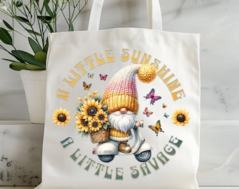 Design de sublimação para bolsa tote de gnomo de girassol, citação inspiradora engraçada em PNG, estampa fofa de bolsa com vibrações de primavera, modelo digital floral para download