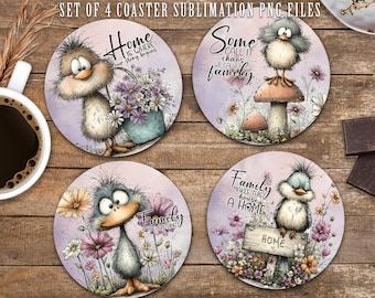 Family & Home Inspirational Coaster Sublimation File, Whimsical Bird PNG (Digital Download)