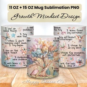 Op de afbeelding: Drie witte keramische mokken met een "Growth Mindset Design". De mokken bevatten inspirerende citaten en een aquarel boomillustratie. De mokken zijn verkrijgbaar in de maten 312 ml en 425 ml.