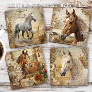 Op de afbeelding: Een set van vier vierkante onderzetters met paardenillustraties en tekst. Eén toont een grijs paard met 'Hoofprints on my heart', een ander een bruin paard met 'Home is where the horse is', en één met 'My therapy' en een wit paard.