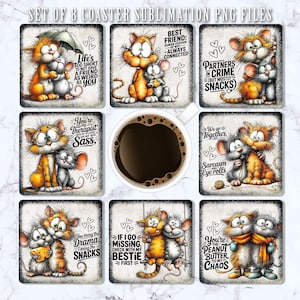 May include: Set of 8 square coasters with cartoon cats and mice. Each coaster features a different design with phrases like "Partners in Crime" and "Best Friend." A cup of coffee sits in the center of the coasters.