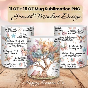 Könnte beinhalten: Weiße Keramikbecher mit einem farbenfrohen Baumdesign und inspirierenden Zitaten. Die Becher tragen den Text "Growth Mindset Design" und sind in den Größen 312 ml und 425 ml erhältlich. Schmetterlinge, Sterne und florale Akzente verzieren die Becher.