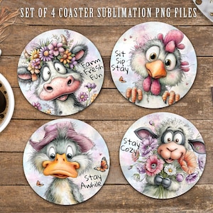 May include: Set of four round coasters with whimsical animal illustrations. Designs include a cow with flowers, a chicken, a duck, and a sheep holding flowers. Each coaster has a unique phrase: "Farm Fresh Fun," "Sit Sip Stay," "Stay Awhile," and "Stay Cozy."