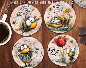 May include: Set of four round coasters with bee-themed illustrations. Each coaster features a different design with a cartoon bee and inspirational text like "Bee Humble Bee Kind" and "Home is Where Your Honey Is".