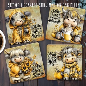 Peut inclure: Ensemble de quatre dessous de verre carrés avec des illustrations de vaches fantaisistes. Chaque dessous de verre présente un design de vache différent avec du texte tel que "Welcome to our Neck of the Woods" et "Coffee, Cows and Cozy Mornings". Les dessous de verre ont un thème rustique et automnal.
