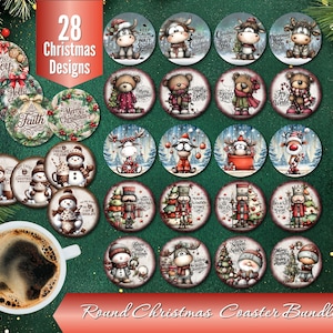 May include: A collection of 28 Christmas-themed round coasters with various designs, including snowmen, bears, and reindeer. The coasters feature festive text and illustrations, perfect for holiday decor. A cup of coffee sits in the lower left corner.