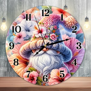 Floral Gnome Clock Sublimation Design, Hibiscus Clock Face PNG, Vibrant Tropical Gnome Wall Decor, Digital Download Template, Clock Design