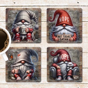Grumpy Gnome Square Coaster Sublimation Design, Angry Gnome Coaster PNG Template, 4x4 Coffee Gnome Coaster Set Digital Download, Nope Gnome