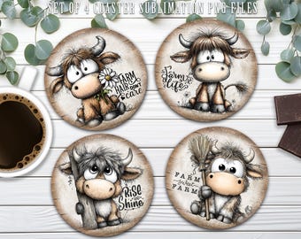 Farm Life ronde onderzetter sublimatie PNG-ontwerp, grillige Highland Cow digitale print sjabloonbestand