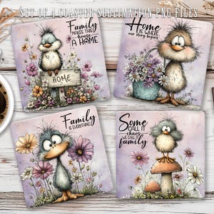May include: Set of four square coasters with whimsical bird illustrations and floral accents. Each coaster features a different design with text: "Family makes this house a home", "Home is where our story begins", "Family is everything", and "Some call it chaos, we call it family".