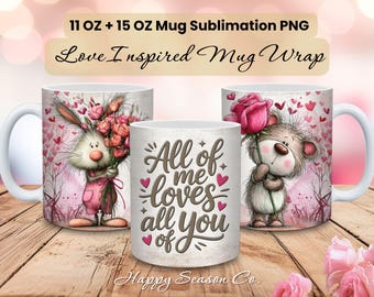 Love Inspired Mug Wrap Sublimation PNG Design, Valentine's Day Whimsical Animals Digital Print Template File
