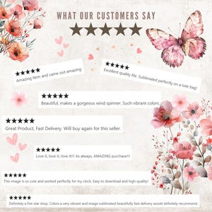 May include: A digital graphic with the text "WHAT OUR CUSTOMERS SAY" and customer reviews. The image features floral and butterfly illustrations in pink and peach tones, with five-star ratings and positive feedback.