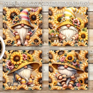 Cute Sunflower Gnome Square Coaster Sublimation Design, Funny Floral Coaster PNG Template, Spring Vibes Home Decor, DIY Digital Download