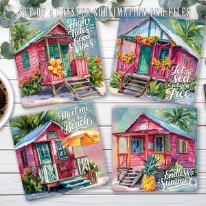 May include: Set of four square coasters with watercolor illustrations of beach houses. Each coaster features a different house with text such as "High Tides Good Vibes" and "Endless Summer". The coasters are in shades of pink, green, and blue.