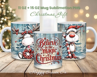 Funny Reindeer Mug Sublimation Design, Christmas Magic Mug Wrap PNG, Winter Holiday 11/15oz Mug Template, Festive Vibes Digital Print File