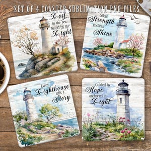 May include: Set of four square coasters with lighthouse designs. Each coaster features a watercolor illustration of a lighthouse with inspirational quotes like "Lost in the sea, found by the light."