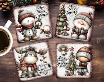 Cute Christmas Square Coaster Sublimation Design, Funny Winter Season Cup Coaster PNG, Winter Holiday Gift, Digital Template, Festive Print