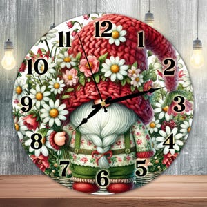 Floral Gnome Clock Sublimation Design, Forest Flower Clock Face PNG, Cute Spring Vibes Gnome Wall Decor Digital Download Template, DIY Clock