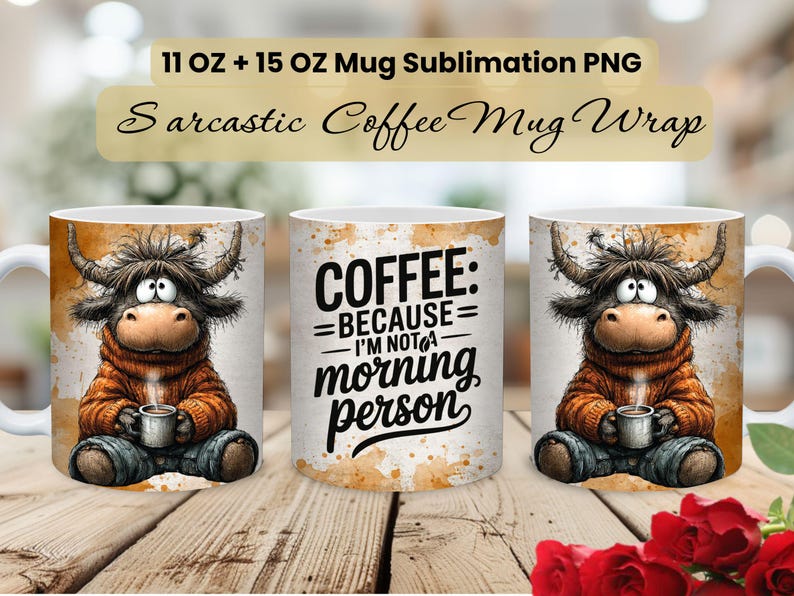 May include: Three white ceramic coffee mugs with a humorous design. Two mugs feature a cartoon Highland cow holding a coffee cup. The third mug has the text "COFFEE: BECAUSE - I'M NOT A - morning person". The mugs are labeled "11 OZ + 15 OZ Mug Sublimation PNG".