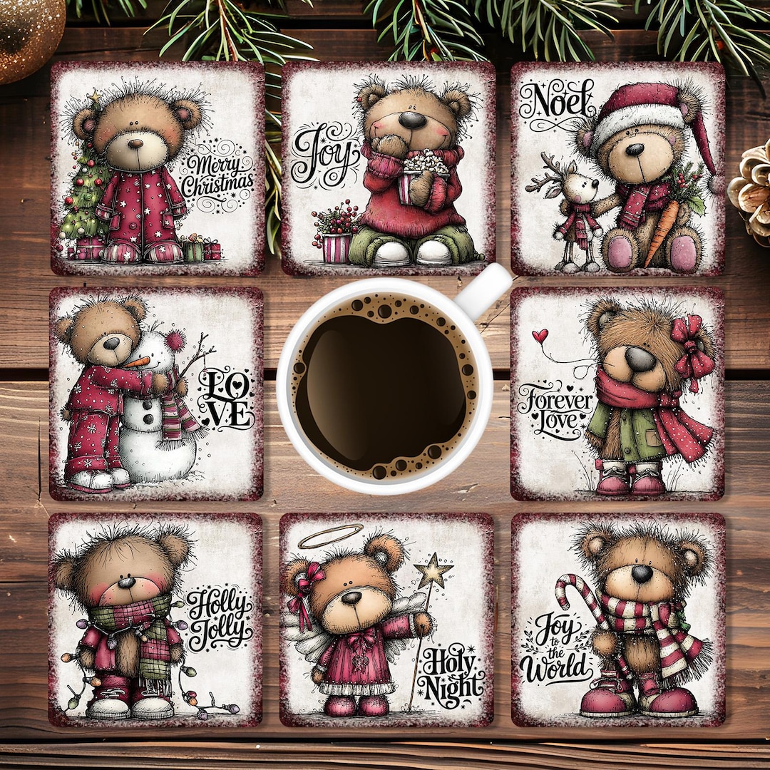 Whimsy Teddy Bear Square Coaster Sublimation Design, Cute Winter ...