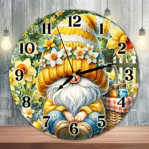 Daffodils Gnome Clock Sublimation Design, Gnome Clock Face PNG, Spring Vibes Gnome Wall Decor, Digital Download Template, DIY Clock Design