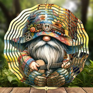 May include: A colorful, whimsical wind spinner featuring a gnome with a long white beard playing a guitar. The gnome is wearing a colorful hat with peace signs and beads. The wind spinner is made of metal and has a layered design.