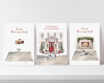 NEU: 3er-Set WHIPPET Weihnachtskarten - niedliche Klappkarte - innen blanko - Aquarelltechnik - Kunstdruck - Hundemotiv - inklusive Umschlag