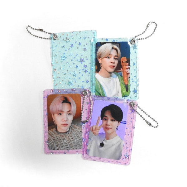 Photocard Holder Keychain - BTS Jelly Holographic Star Photo Card Display Key ring - Kpop Glitter Photocard Sleeve