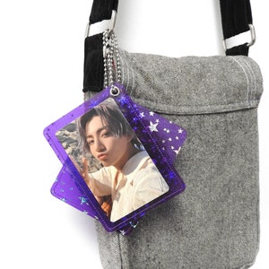 Porte-clés violet porte-cartes photo - Porte-clés étoile holographique BTS Jelly - Pochette PC Kpop Glitter Toploader