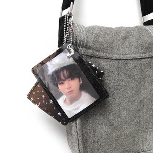 Black Photocard Holder Keychain - BTS Jelly Holographic Star Photo Card Display Key ring - Kpop Glitter Photocard Sleeve Toploader