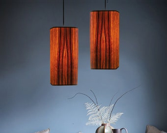 Zebrano Veneer Lamp, Striped Wood grain, Kitchen island Lighting, Minimalist shape, Vintage Pendant Lamp, Handmade Light fixture