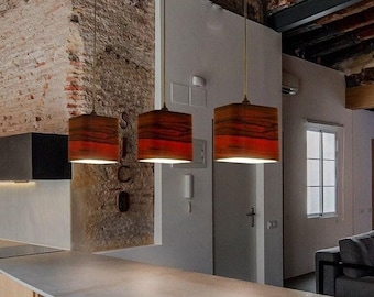 Pendant Light Fixture with three Lampshades made of Tineo Wood veneer, Modern Linear Design, Kitchen Island Light, Dine room Lighting