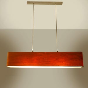 May include: A rectangular, modern pendant light fixture with a warm, reddish-brown shade. The shade is suspended by two thin wires from a rectangular, brushed metal ceiling mount. A bright, linear light source illuminates the underside of the shade.