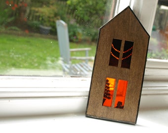 Medium Stained Glass Christmas Townhouse Suncatcher - Orange