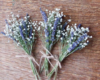 Mini Lavender & Gypsophila Bouquet Tied with Rustic Twine,  Dried Baby’s Breath Posy, Cottagecore Floral Decor, Rustic Wedding Flowers UK