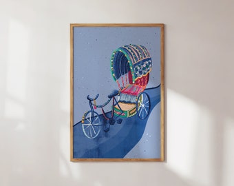 Könnte beinhalten: Eine farbenfrohe Illustration eines verzierten Rikschas mit einem blauen, grünen und roten Baldachin. Der Rikscha wird von einem Fahrrad mit einem blauen Rahmen und einem schwarzen Sattel gezogen. Der Hintergrund ist hellblau mit weißen Punkten.