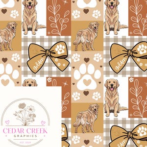 以下が含まれることがあります： ゴールデンレトリバー、足跡、そして「Golden」の文字が入ったリボンを特徴とする繰り返し模様。茶色、タン、白の要素を取り入れ、ギンガムチェック柄と花のアクセントが施されています。Cedar Creek Graphicsのロゴも表示されています。