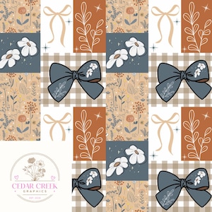 Può includere: Un motivo ripetuto in stile patchwork con motivi floreali e fiocchi. La tavolozza dei colori comprende beige, blu, bianco e marrone. Il design incorpora elementi floreali, fiocchi e illustrazioni botaniche.
