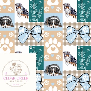 May include: A repeating pattern featuring Australian Shepherd dogs, paw prints, and blue bows with the word "Aussie". The design includes teal, tan, and white elements, with a gingham background. The Cedar Creek Graphics logo is in the lower left corner.