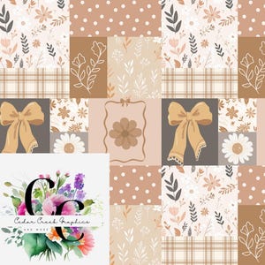 May include: A patchwork design featuring floral, polka dot, and plaid patterns in shades of beige, brown, and white. The design includes a large bow and a floral arrangement with the text "Cedar Creek Graphics and More".