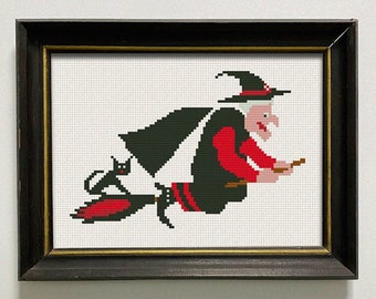 Witch On The Broom Cross Stitch Pattern, X stitch Chart, little Halloween Embroidery, PDF Download
