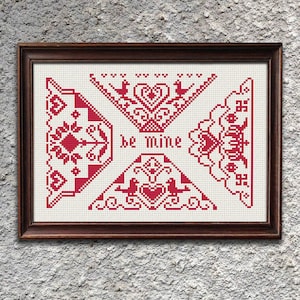 Be Mine Mini Quaker Sampler Cross Stitch Pattern, Cross Stitch Chart, Monochrome Romantic Cross Stitch Embroidery, Instant Download PDF