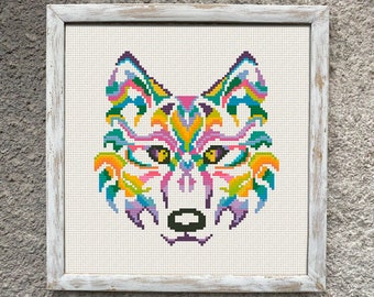 Multicolored Wolf Cross Stitch Pattern, Easy Counted Cross Stitch Chart, Modern X Stitch Embroidery, Instant Download PDF