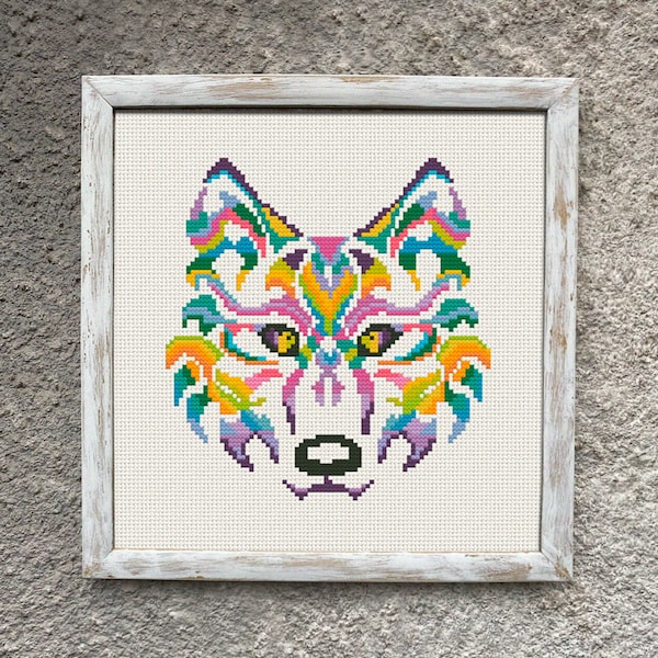 Multicolored Wolf Cross Stitch Pattern, Easy Counted Cross Stitch Chart, Modern X Stitch Embroidery, Instant Download PDF