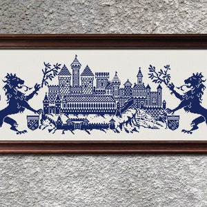 Castle With Lions Sampler Cross Stitch Pattern, X Stitch Chart, Vintage Monochrome Sampler Cross Stitch Embroidery, Instant Download PDF