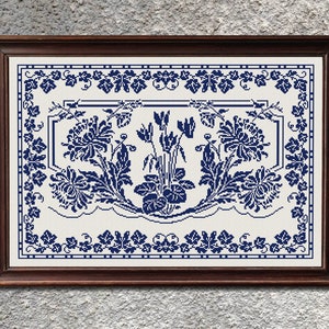 Floral Sampler Cross Stitch Pattern, Easy Counted Cross Stitch Chart, Vintage Monochrome Sampler X Stitch Embroidery, Instant Download PDF