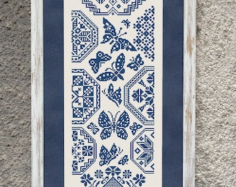 Butterflies Sampler Cross Stitch Pattern, X Stitch Chart, Monochrome Quaker Sampler Embroidery, Instant Download PDF
