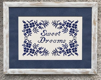 Sweet Dreams Small Cross Stitch Pattern, Cross Stitch Chart, Monochrome Mini Sampler, Primitive X Stitch Embroidery, Instant Download PDF